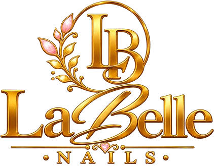 Gold La Belle Nails logo surrounded by decorative leaves