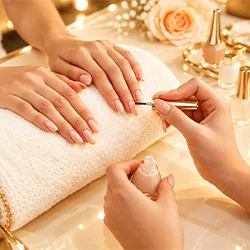 Close-up of hands receiving a professional manicure on a white towel