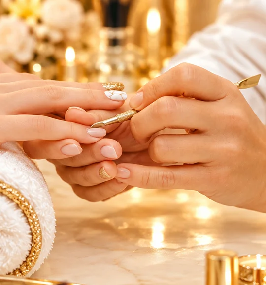 Close-up of hands receiving a manicure with a gold-toned salon background