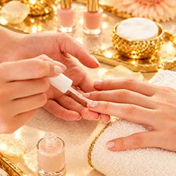 Close-up of hands receiving a manicure at a nail salon